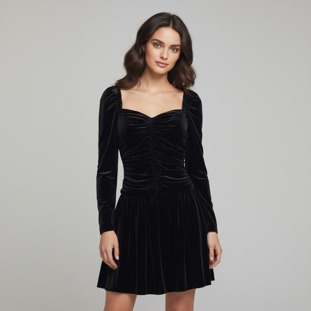 Shoshanna Black Velvet Ruched Sweetheart Mini Dress Long Sleeve Size 2